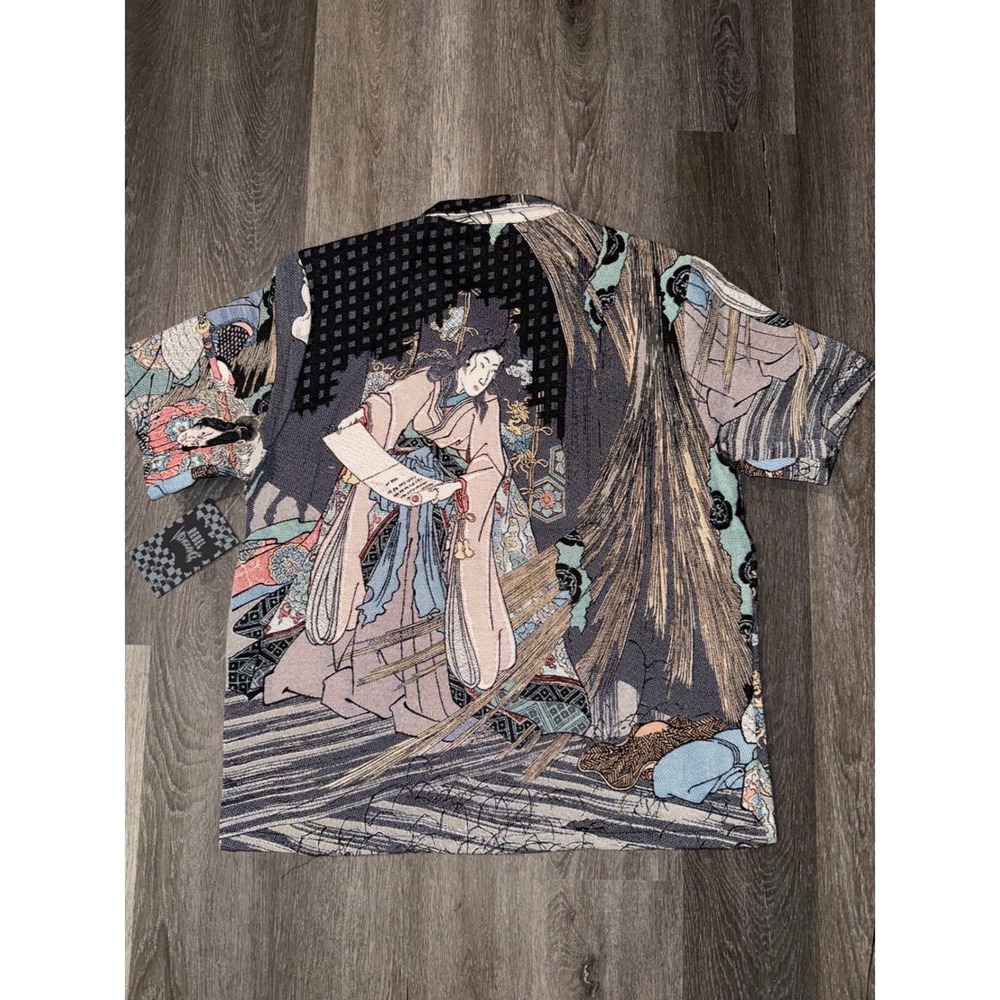 Rebel Vengeance Japanese Tapestry Samurai Skull Print button down Jacket mens L - Picture 8 of 10
